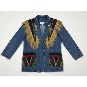 Vtg Western Fringe Denim Jacket Southwest Aztec Tapestry Studded Rhinestone Sz L